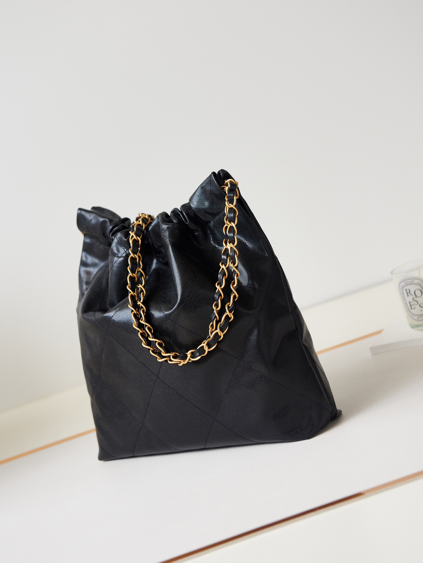 CHANEL 22 SMALL HANDBAG Shiny Calfskin & GOLD Metal BLACK 13.7×14.4×2.7 in