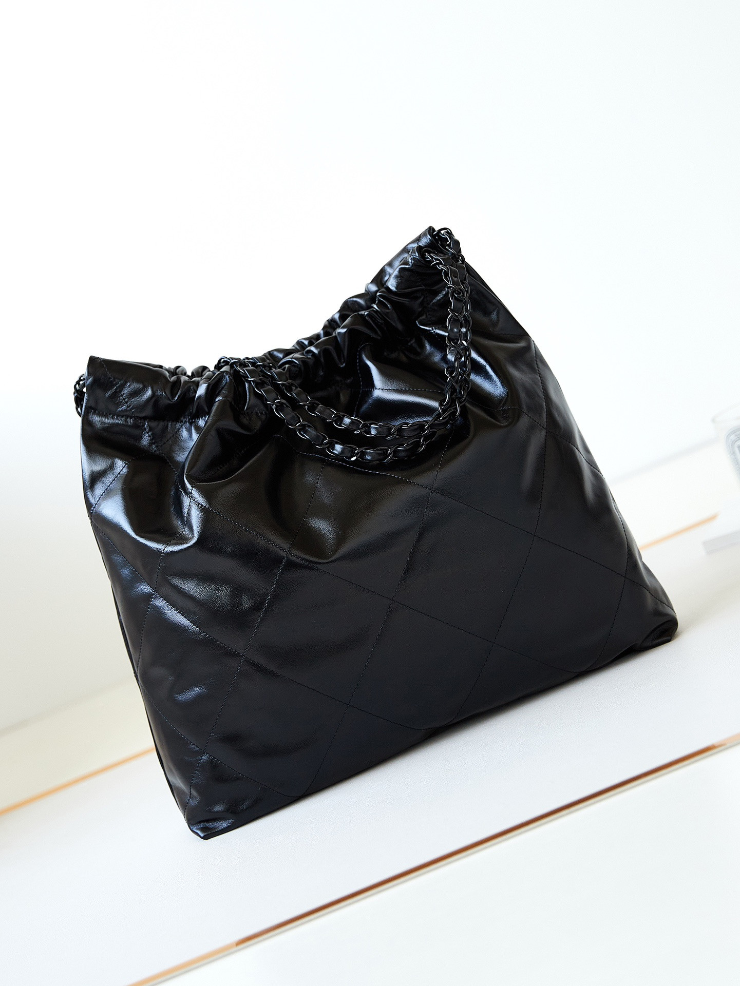 CHANEL 22 HANDBAG Shiny Calfskin ALL Black 15.2×16.4×3.1 in