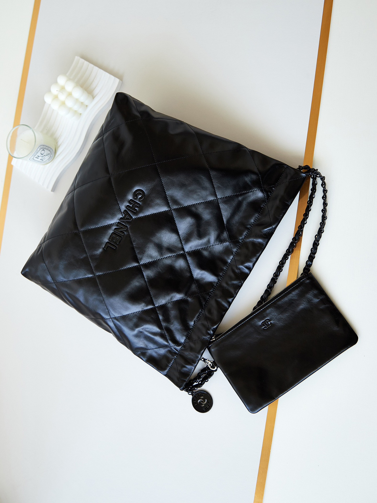 CHANEL 22 HANDBAG Shiny Calfskin ALL Black 15.2×16.4×3.1 in