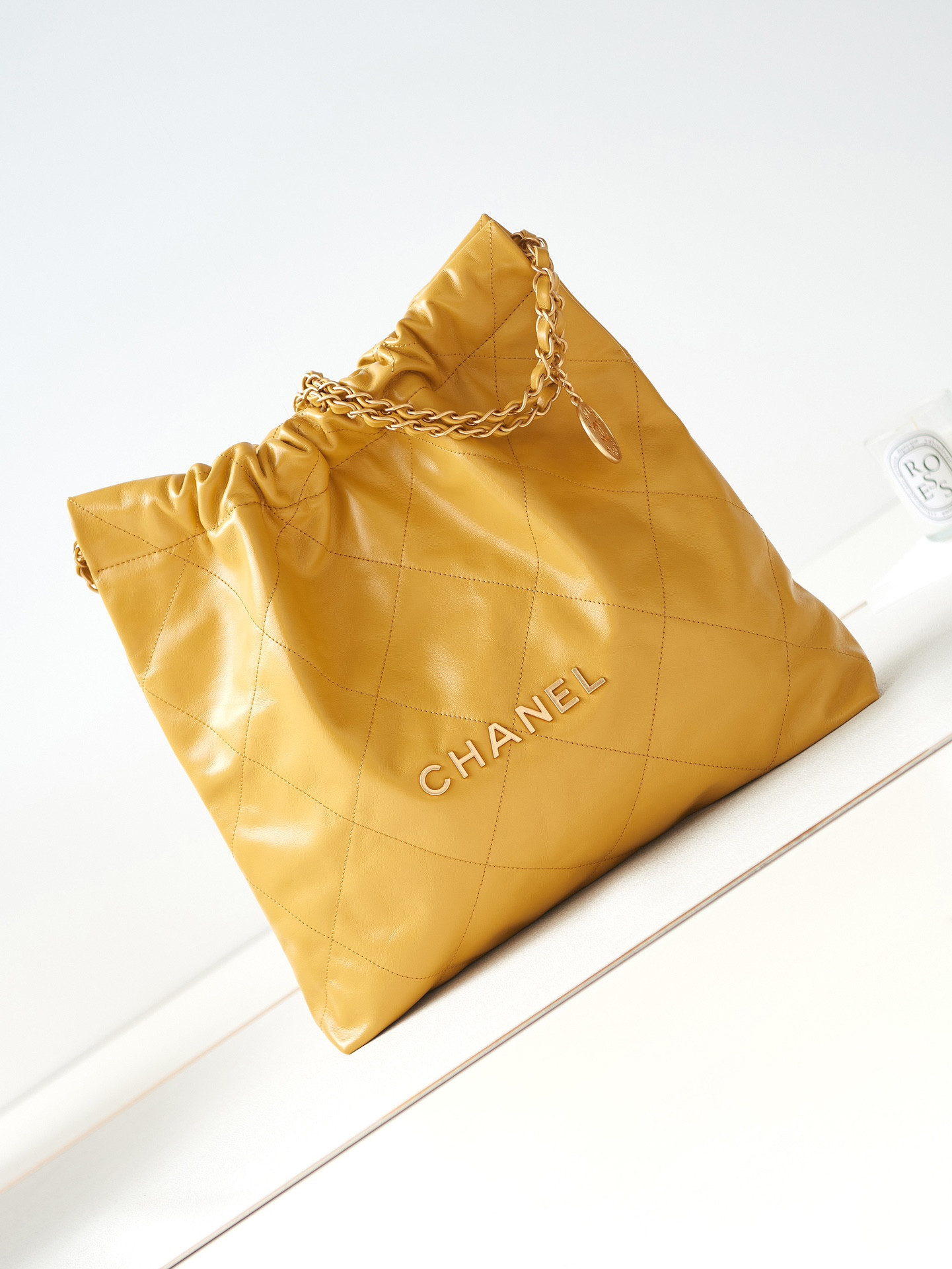 CHANEL 22 SMALL HANDBAG Shiny Calfskin YELLOW 15.2×16.4×3.1 in