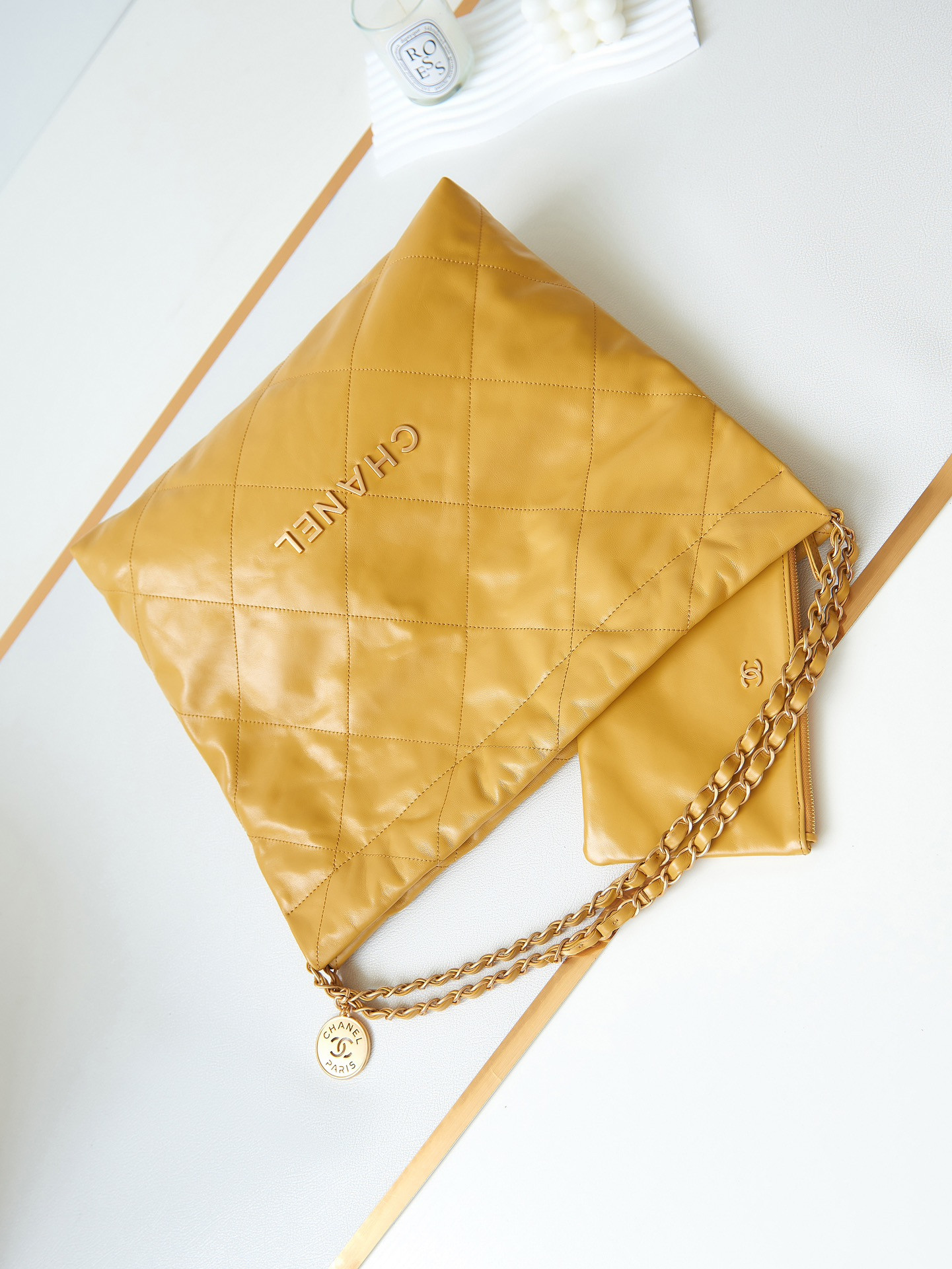 CHANEL 22 SMALL HANDBAG Shiny Calfskin YELLOW 15.2×16.4×3.1 in