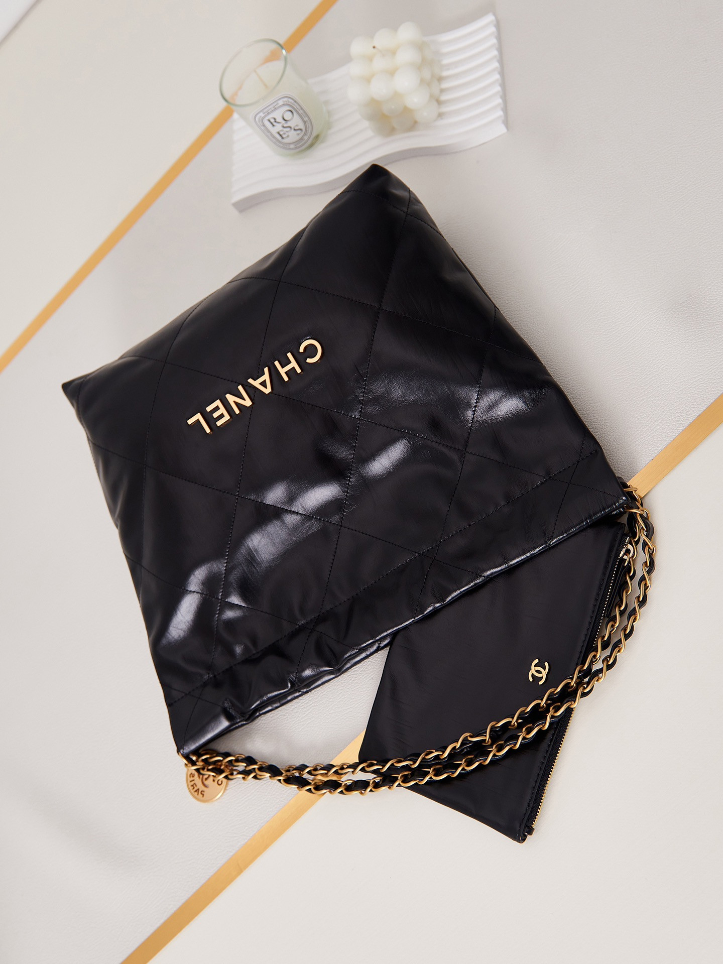 CHANEL 22 SMALL HANDBAG Shiny Calfskin & GOLD Metal BLACK 13.7×14.4×2.7 in