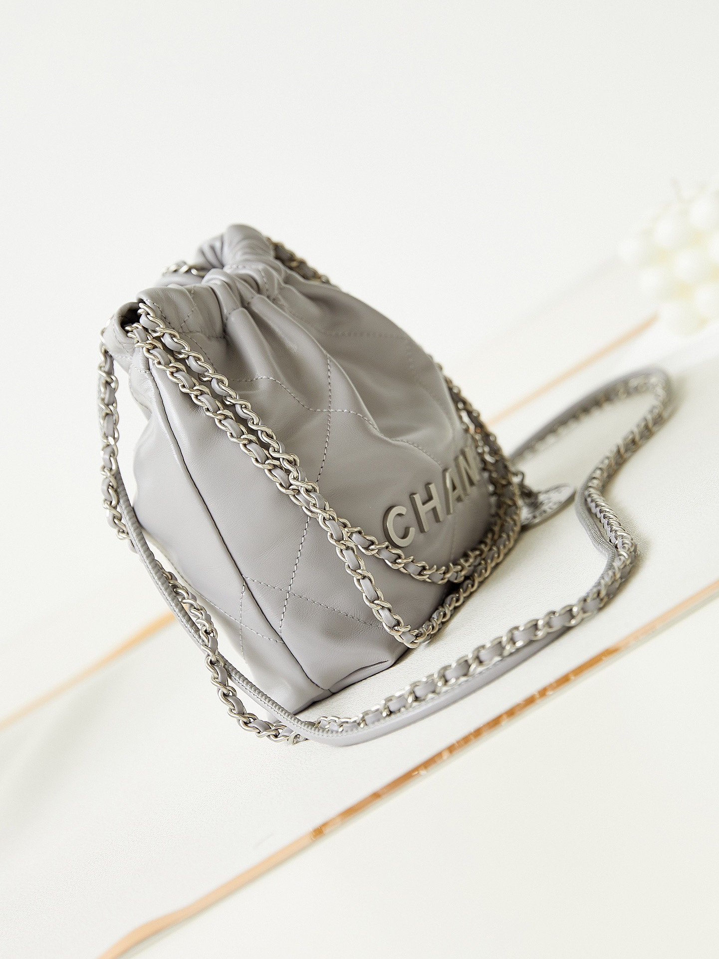 CHANEL 22 MINI HANDBAG Shiny Calfskin GREY 7.8 × 7.4 × 2.3 in