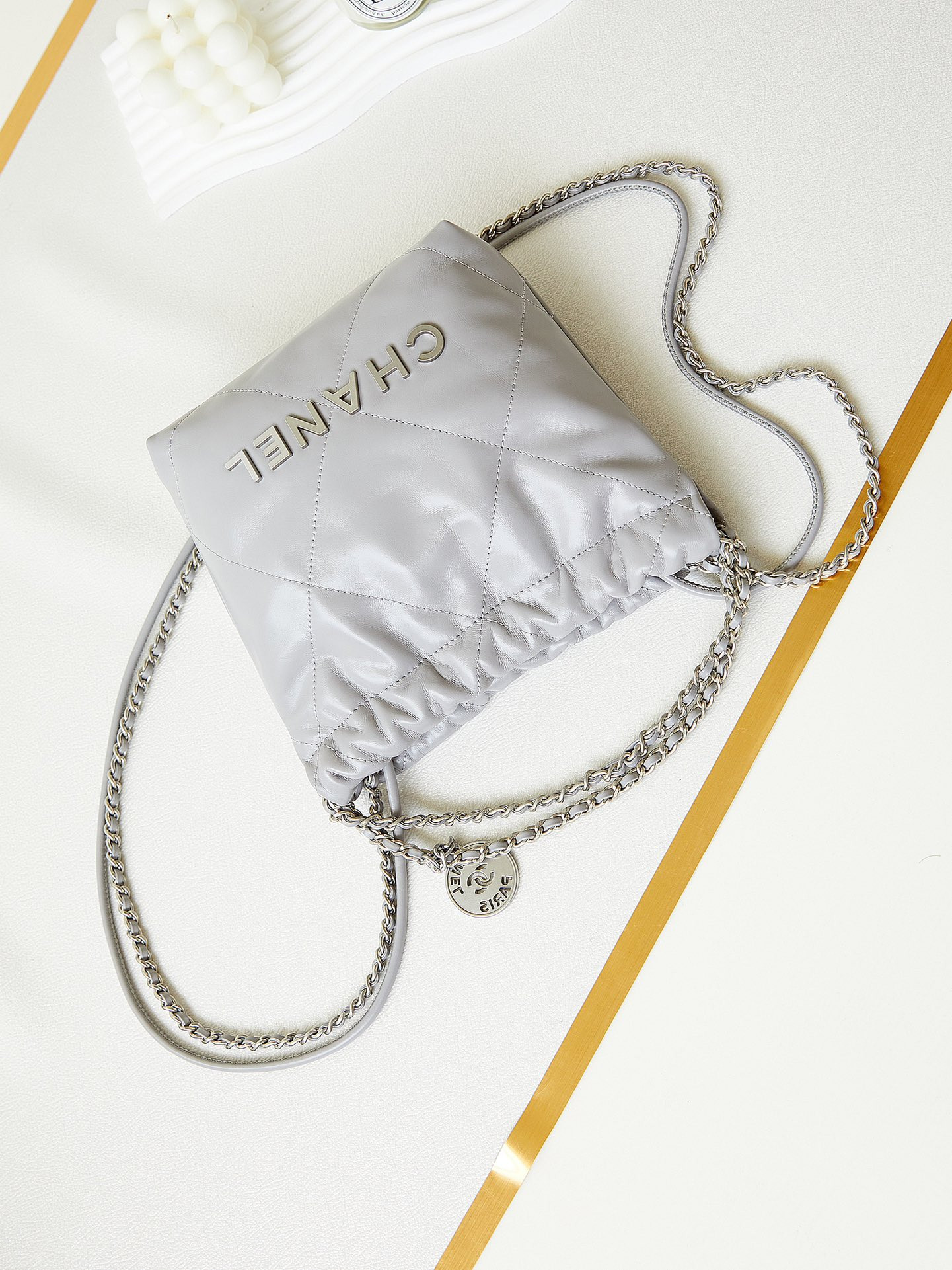 CHANEL 22 MINI HANDBAG Shiny Calfskin GREY 7.8 × 7.4 × 2.3 in