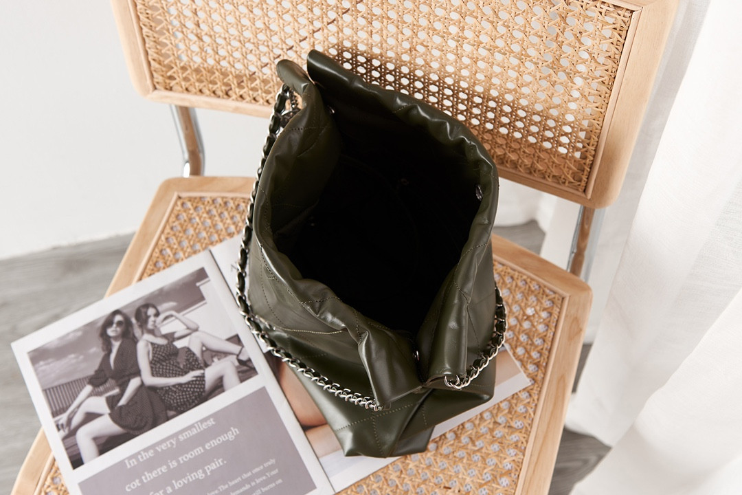 CHANEL 22 SMALL HANDBAG Shiny Calfskin & SILVER Metal BLACK 13.7×14.4×2.7 in