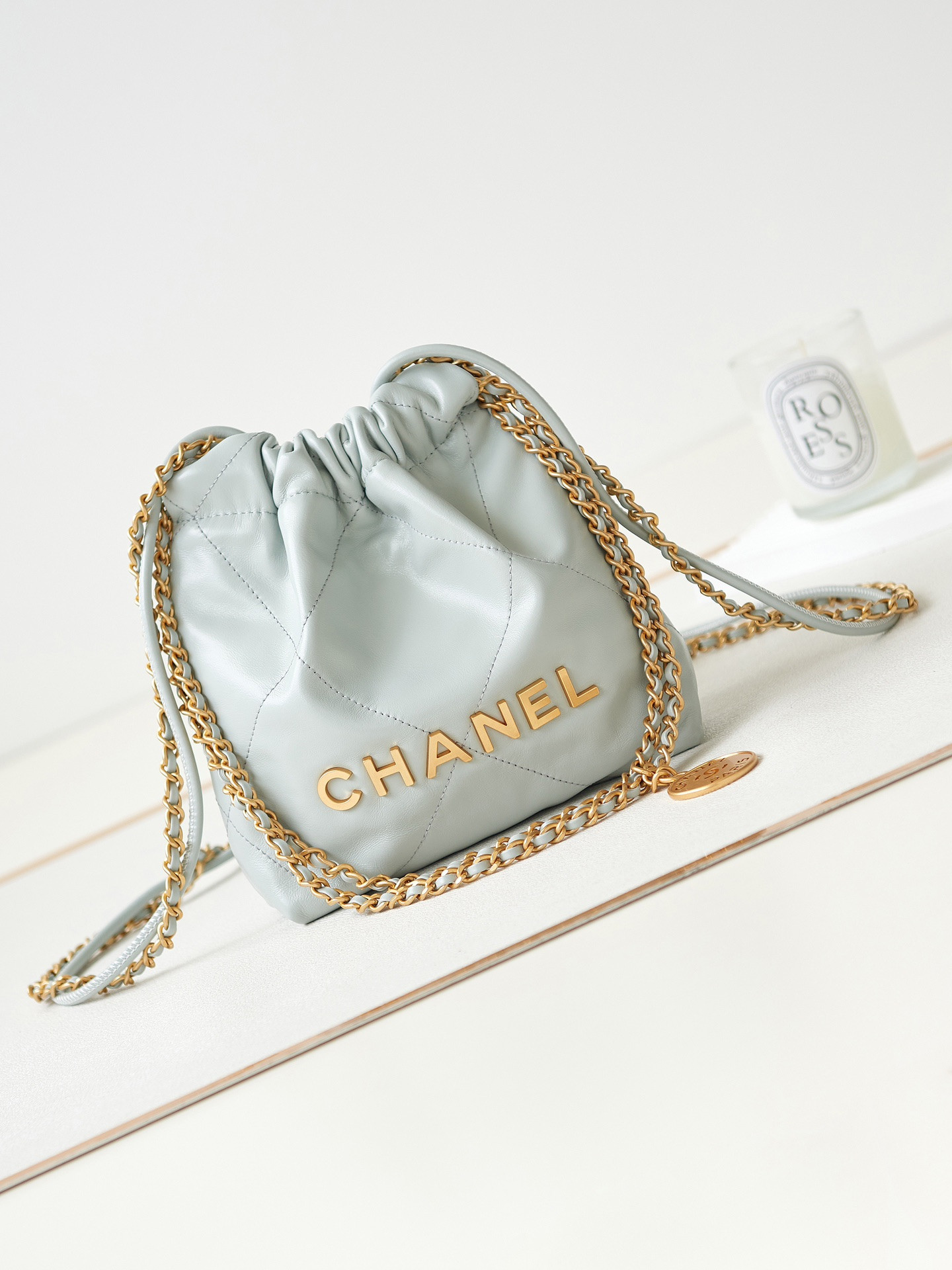 CHANEL 22 MINI HANDBAG Shiny Calfskin Light Blue 7.8 × 7.4 × 2.3 in