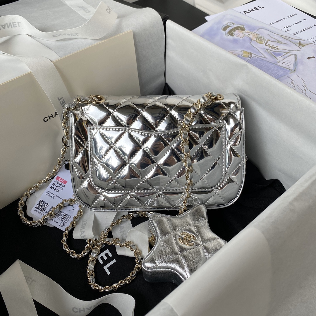 CHANEL FLAP BAG & STAR COIN PURSE SILVER 12.5×19×5cm