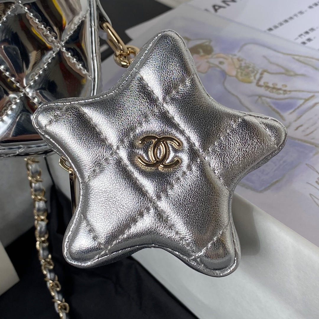 CHANEL FLAP BAG & STAR COIN PURSE SILVER 12.5×19×5cm