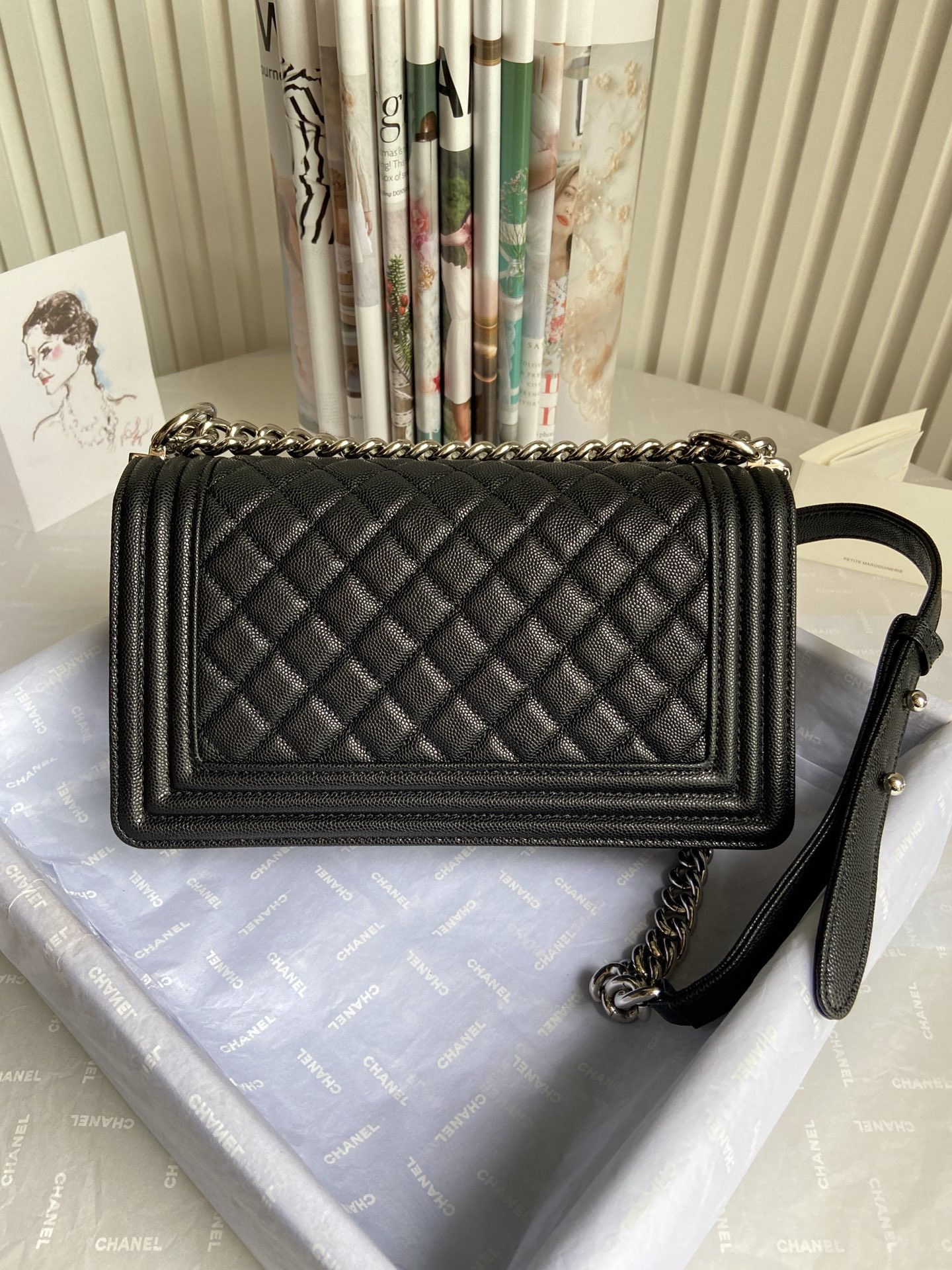 BOY CHANEL HANDBAG Shiny Grained Calfskin & Silver-Tone Metal Black 5.9 × 9.8 × 3.5 in