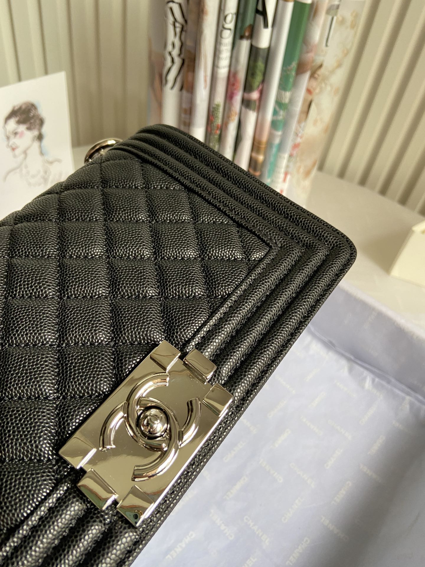 BOY CHANEL HANDBAG Shiny Grained Calfskin & Silver-Tone Metal Black 5.9 × 9.8 × 3.5 in