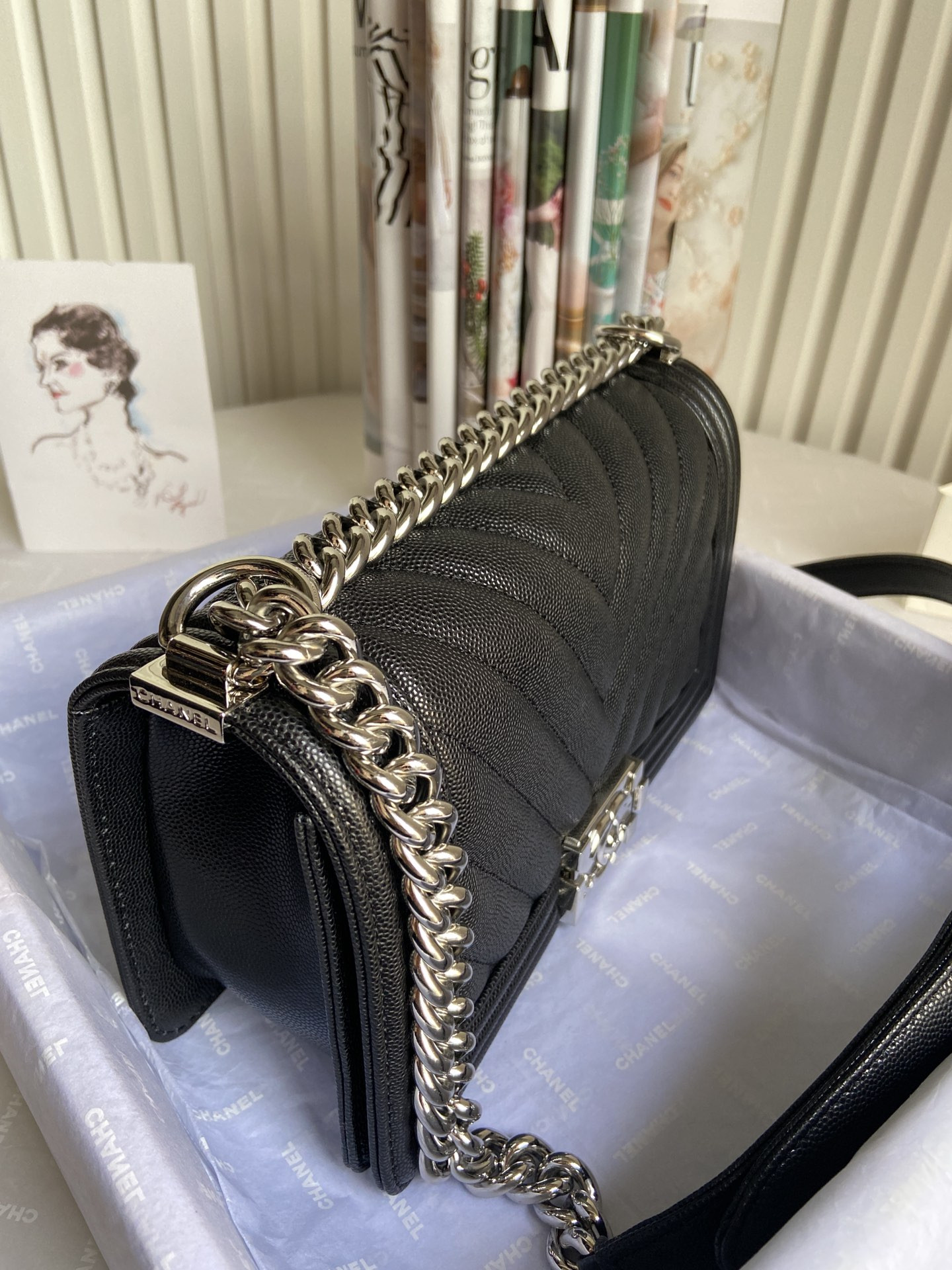 BOY CHANEL HANDBAG Shiny Grained Calfskin & Silver-Tone Metal Black 5.9 × 9.8 × 3.5 in