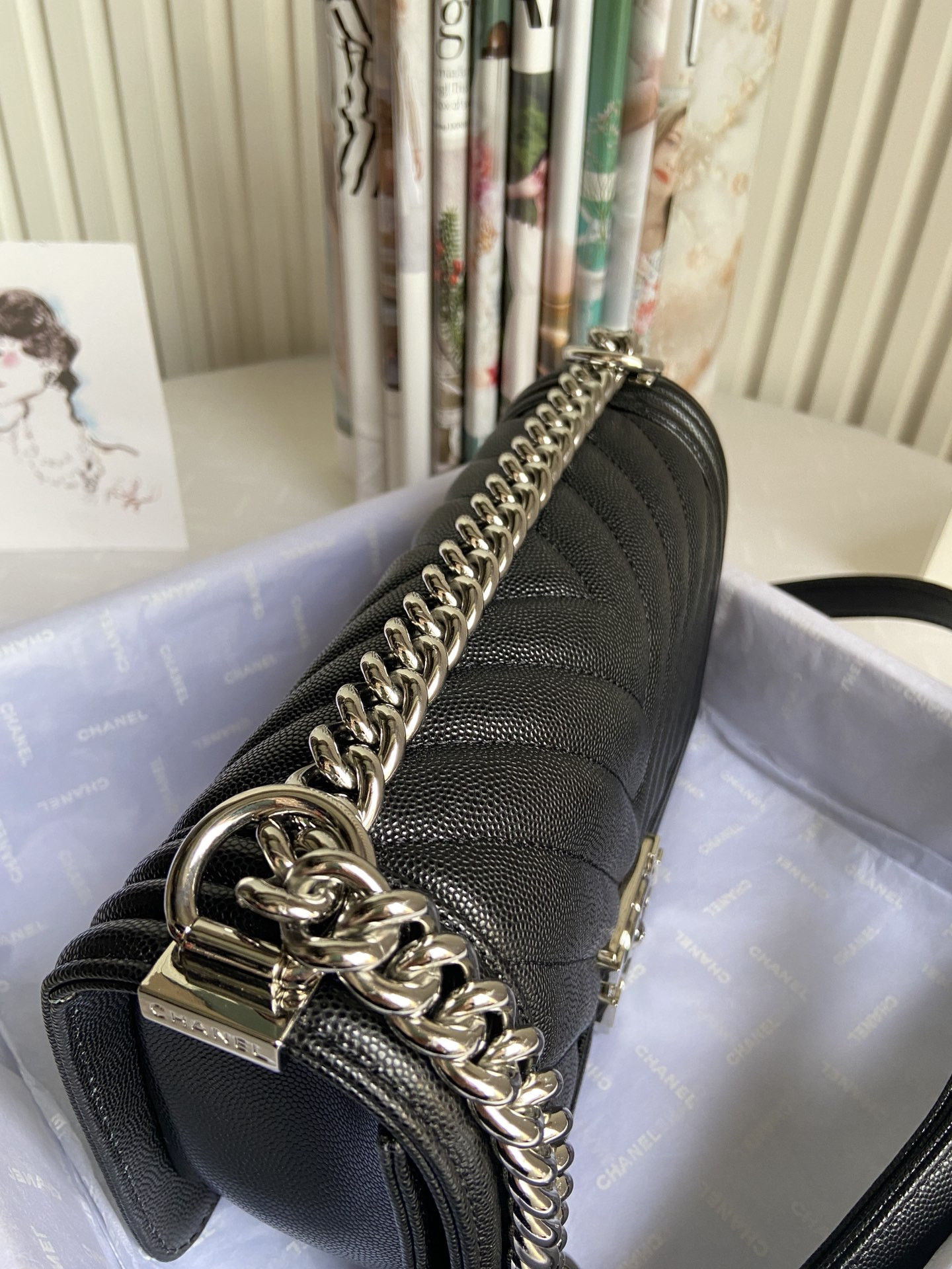 BOY CHANEL HANDBAG Shiny Grained Calfskin & Silver-Tone Metal Black 5.9 × 9.8 × 3.5 in