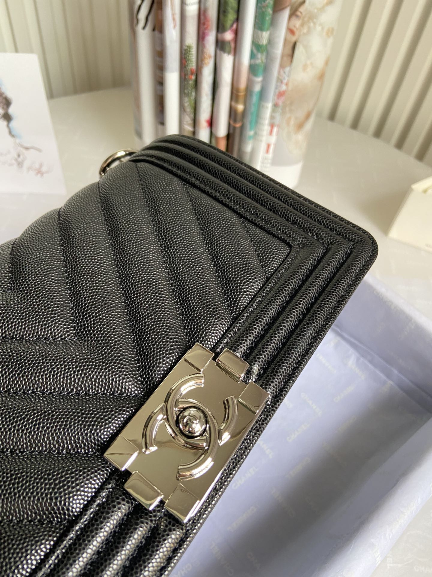 BOY CHANEL HANDBAG Shiny Grained Calfskin & Silver-Tone Metal Black 5.9 × 9.8 × 3.5 in