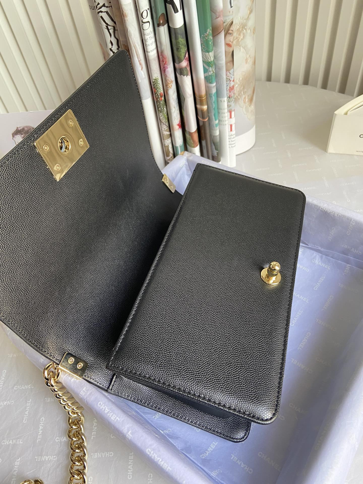 BOY CHANEL HANDBAG Shiny Grained Calfskin & Gold-Tone Metal Black 5.9 × 9.8 × 3.5 in