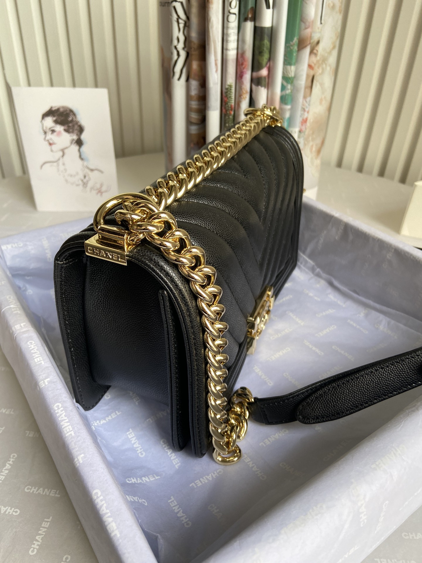 BOY CHANEL HANDBAG Shiny Grained Calfskin & Gold-Tone Metal Black 5.9 × 9.8 × 3.5 in