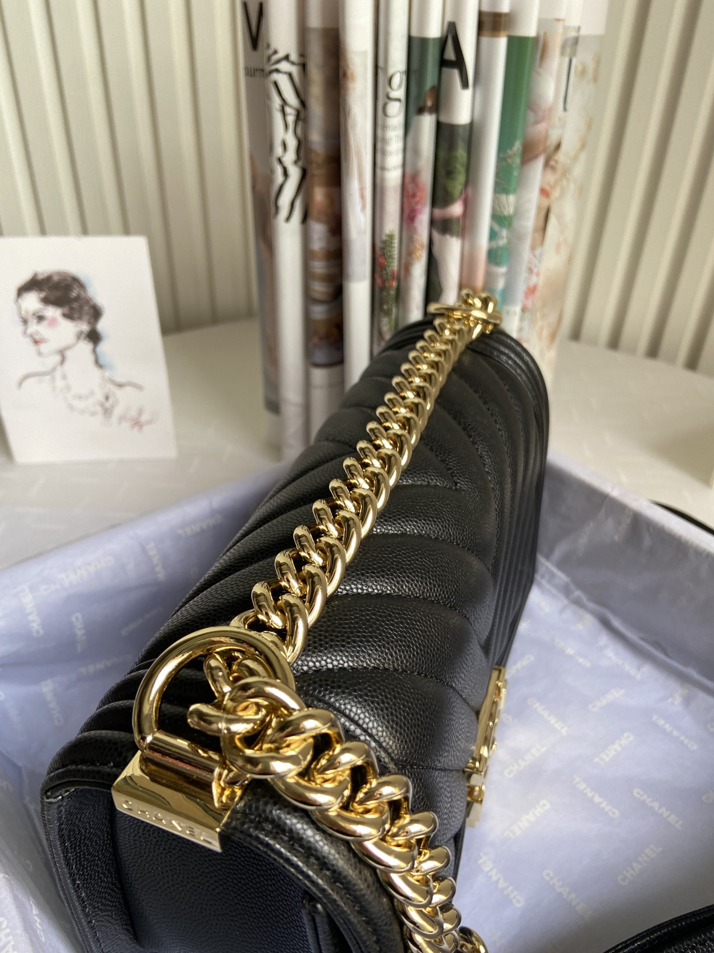 BOY CHANEL HANDBAG Shiny Grained Calfskin & Gold-Tone Metal Black 5.9 × 9.8 × 3.5 in