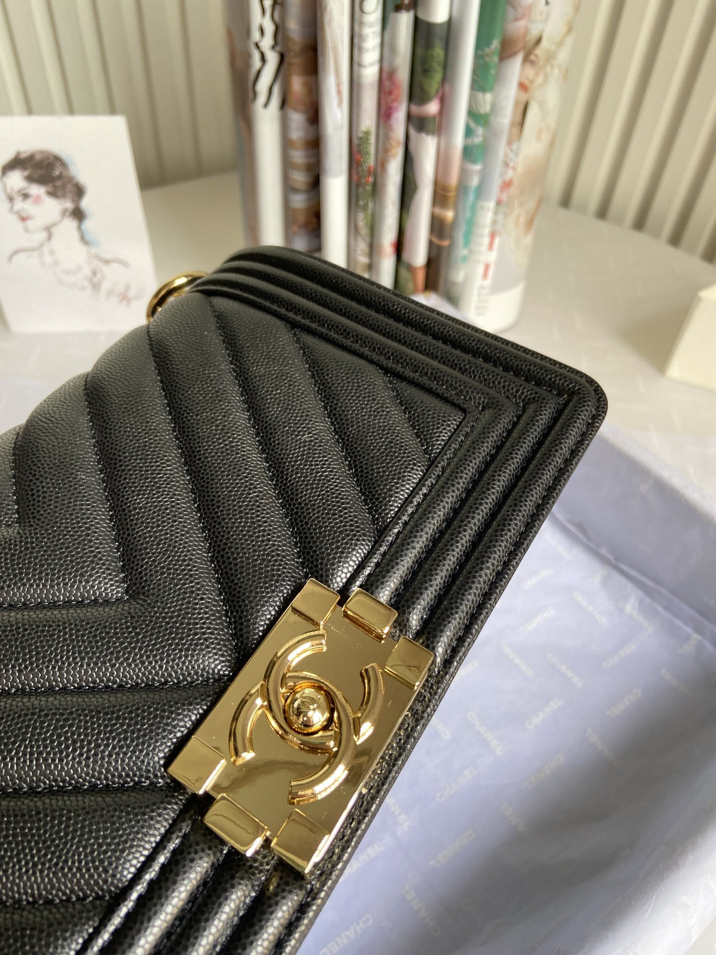 BOY CHANEL HANDBAG Shiny Grained Calfskin & Gold-Tone Metal Black 5.9 × 9.8 × 3.5 in