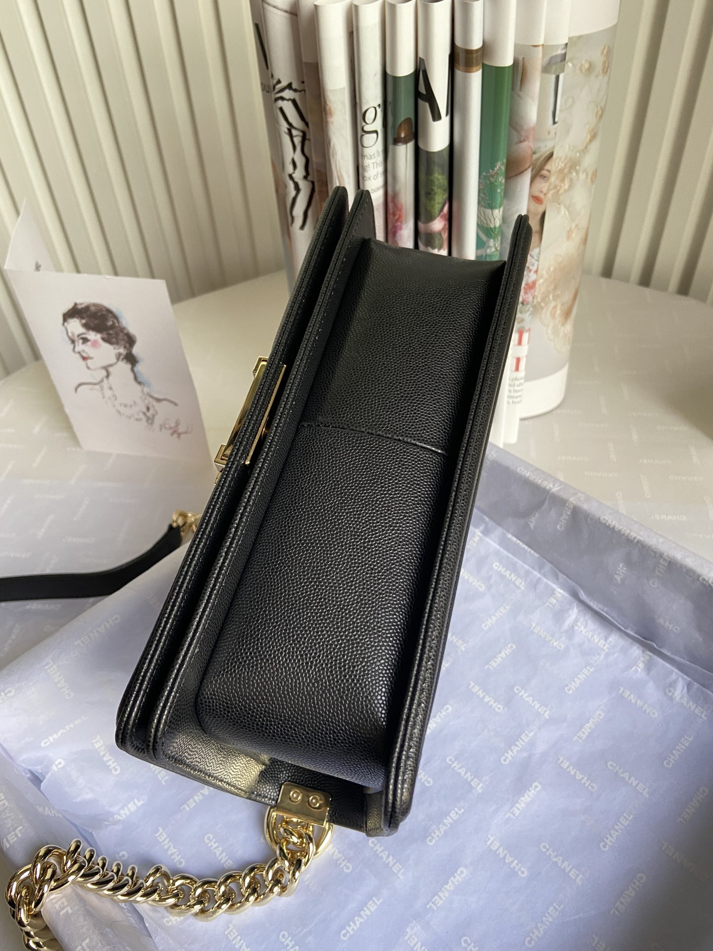 BOY CHANEL HANDBAG Shiny Grained Calfskin & Gold-Tone Metal Black 5.9 × 9.8 × 3.5 in