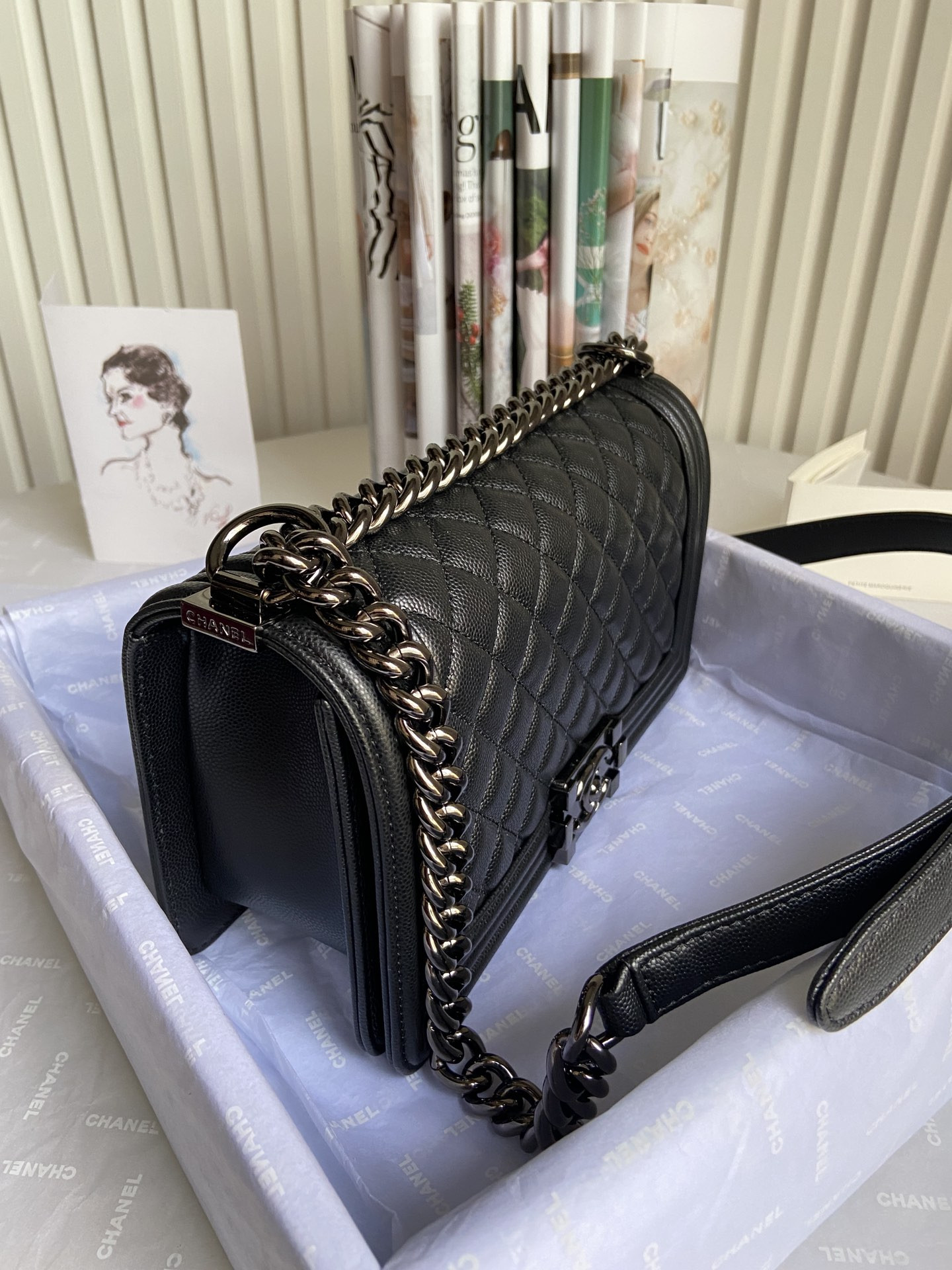 BOY CHANEL HANDBAG Shiny Grained Calfskin Black 5.9 × 9.8 × 3.5 in