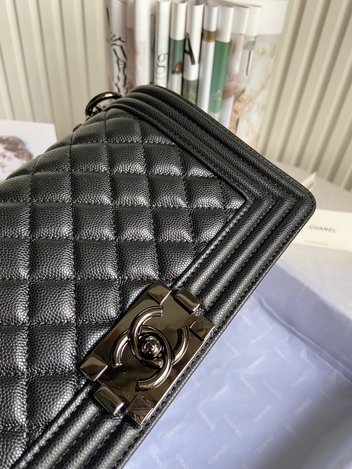 BOY CHANEL HANDBAG Shiny Grained Calfskin Black 5.9 × 9.8 × 3.5 in