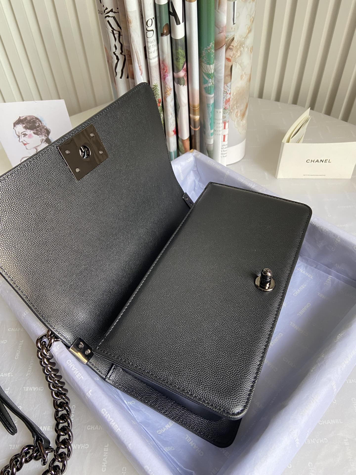 BOY CHANEL HANDBAG Shiny Grained Calfskin Black 5.9 × 9.8 × 3.5 in