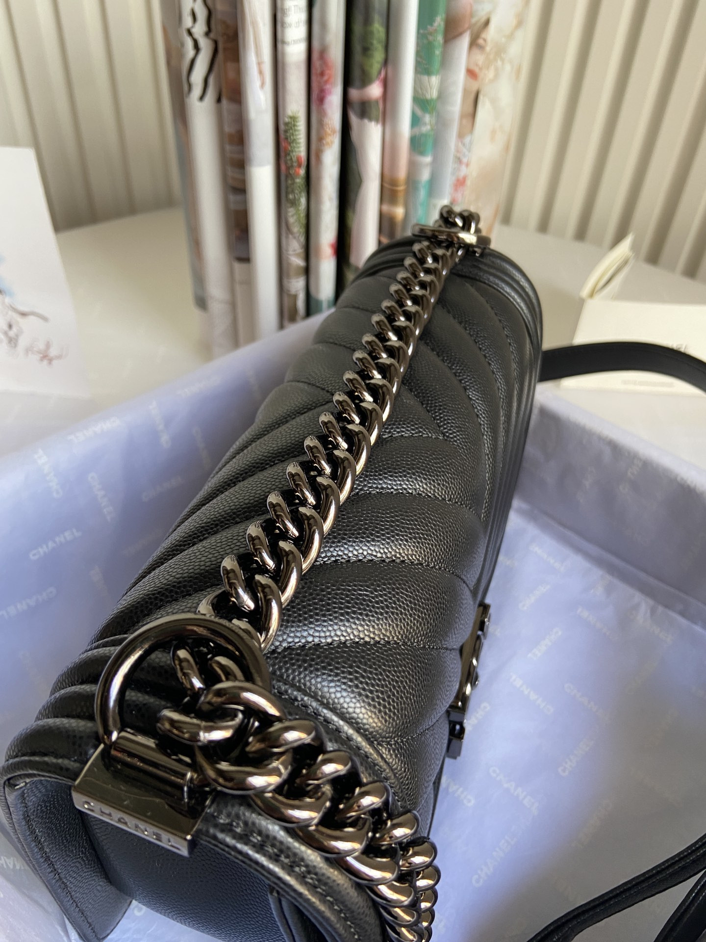 BOY CHANEL HANDBAG Shiny Grained Calfskin Black 5.9 × 9.8 × 3.5 in