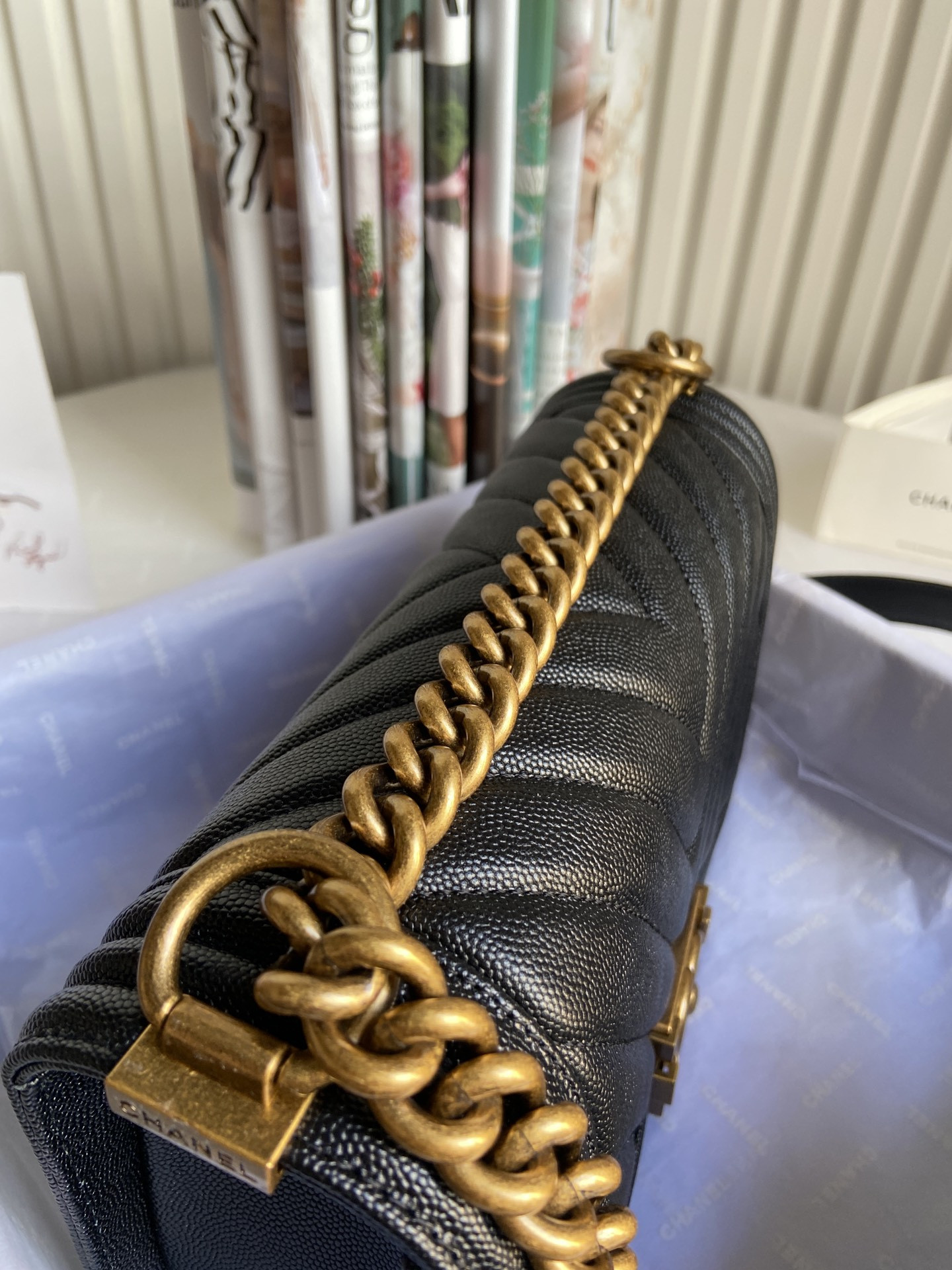 BOY CHANEL HANDBAG Shiny Grained Calfskin Black 5.9 × 9.8 × 3.5 in