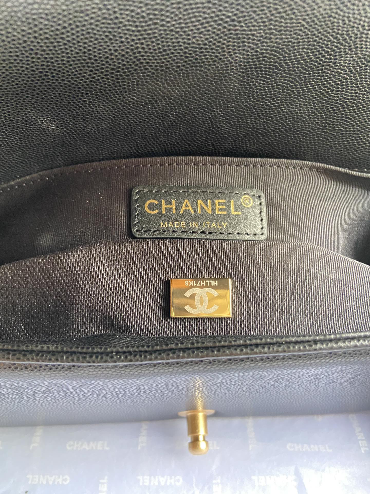 BOY CHANEL HANDBAG Shiny Grained Calfskin Black 5.9 × 9.8 × 3.5 in