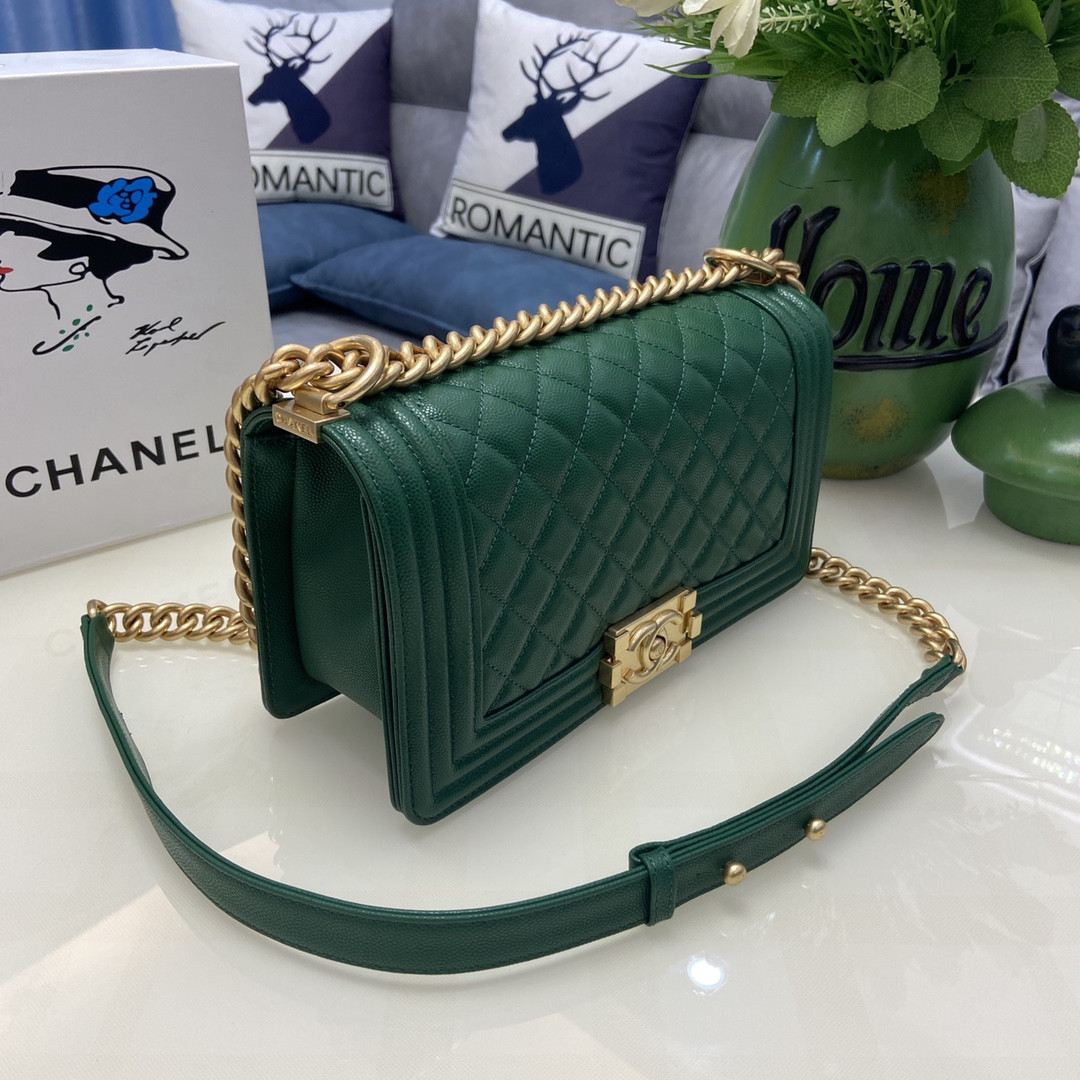 BOY CHANEL HANDBAG Shiny Grained Calfskin & Gold-Tone Metal Green 5.9 × 9.8 × 3.5 in