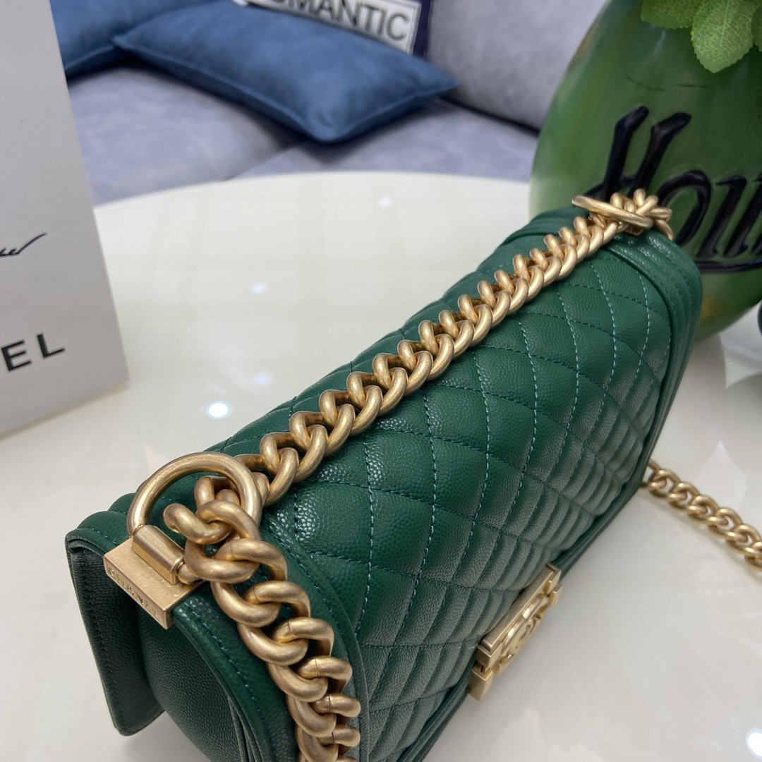 BOY CHANEL HANDBAG Shiny Grained Calfskin & Gold-Tone Metal Green 5.9 × 9.8 × 3.5 in