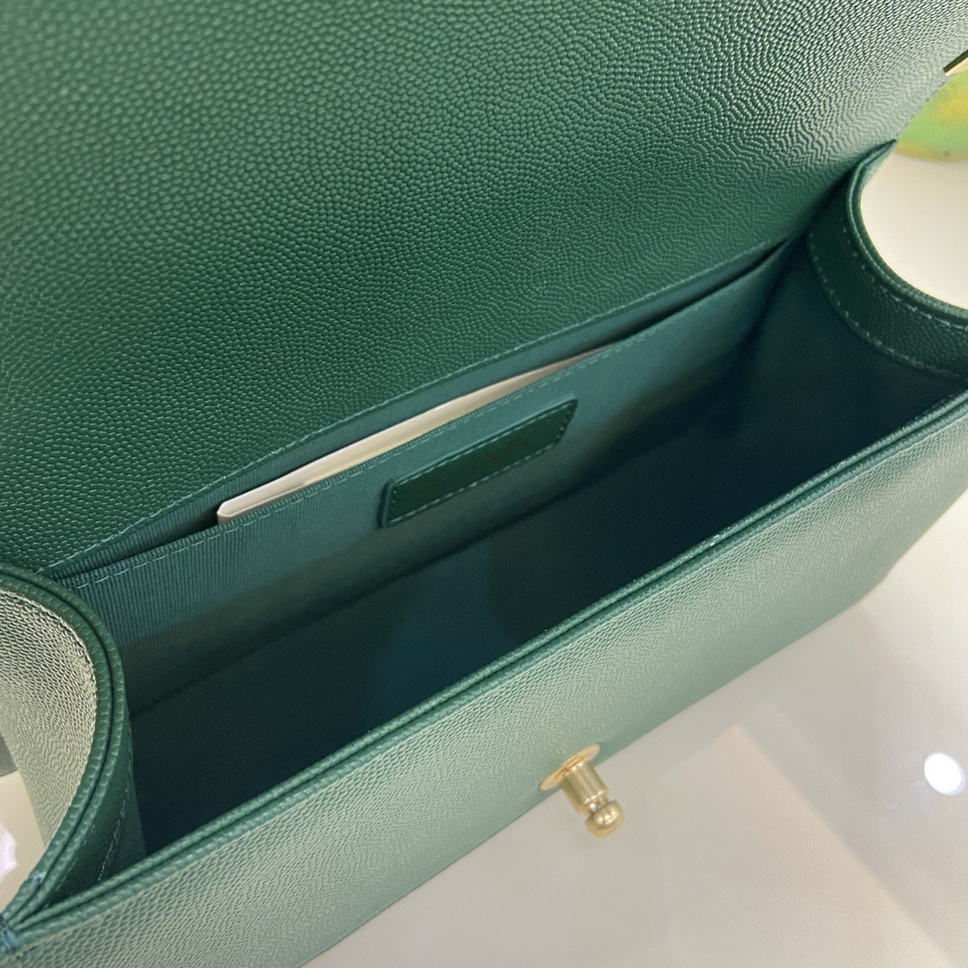 BOY CHANEL HANDBAG Shiny Grained Calfskin & Gold-Tone Metal Green 5.9 × 9.8 × 3.5 in