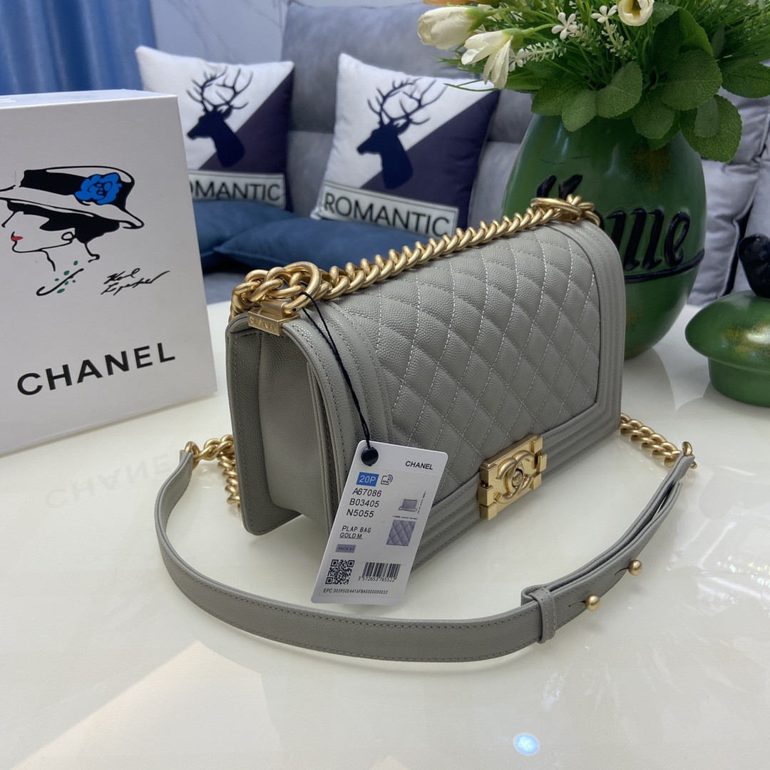 BOY CHANEL HANDBAG Shiny Grained Calfskin & Gold-Tone Metal Gray 5.9 × 9.8 × 3.5 in