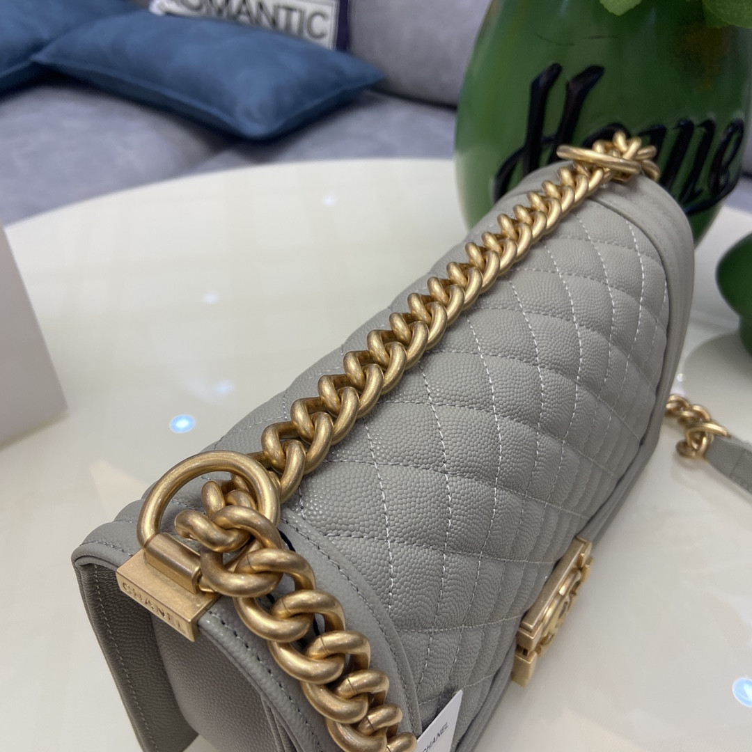 BOY CHANEL HANDBAG Shiny Grained Calfskin & Gold-Tone Metal Gray 5.9 × 9.8 × 3.5 in