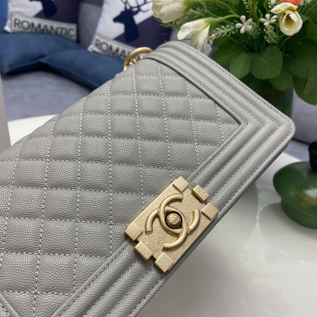 BOY CHANEL HANDBAG Shiny Grained Calfskin & Gold-Tone Metal Gray 5.9 × 9.8 × 3.5 in