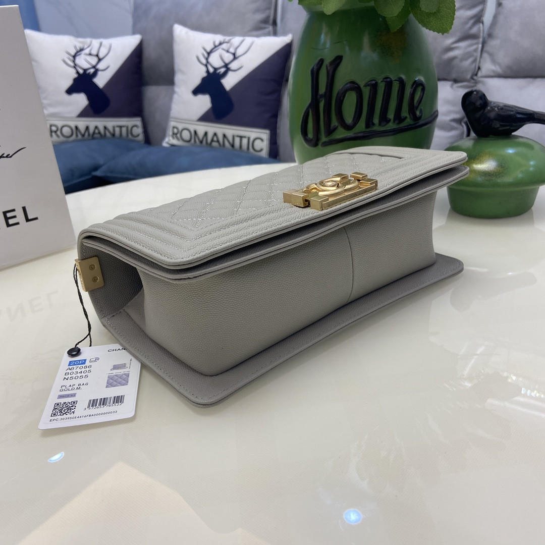 BOY CHANEL HANDBAG Shiny Grained Calfskin & Gold-Tone Metal Gray 5.9 × 9.8 × 3.5 in