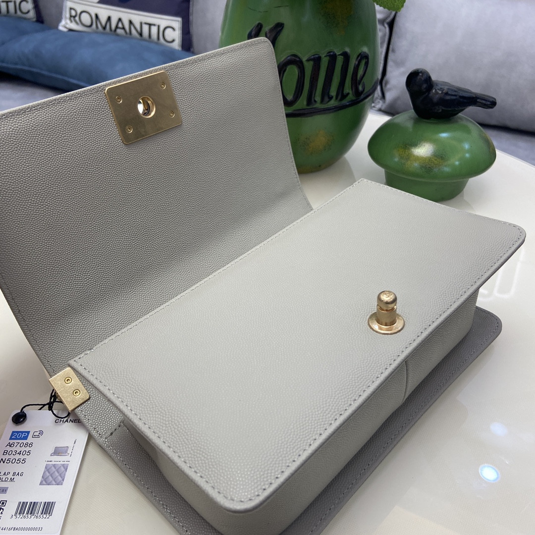 BOY CHANEL HANDBAG Shiny Grained Calfskin & Gold-Tone Metal Gray 5.9 × 9.8 × 3.5 in