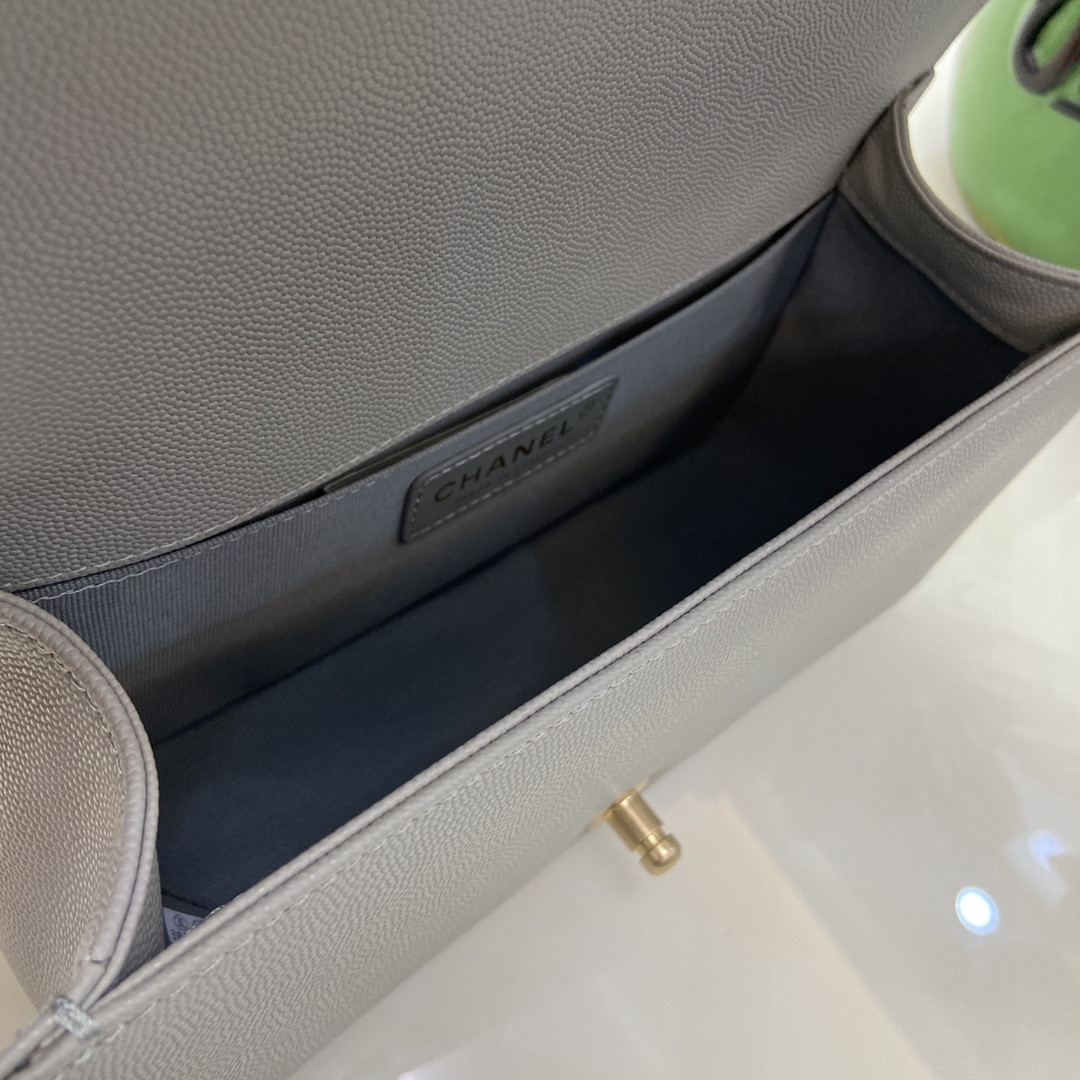 BOY CHANEL HANDBAG Shiny Grained Calfskin & Gold-Tone Metal Gray 5.9 × 9.8 × 3.5 in