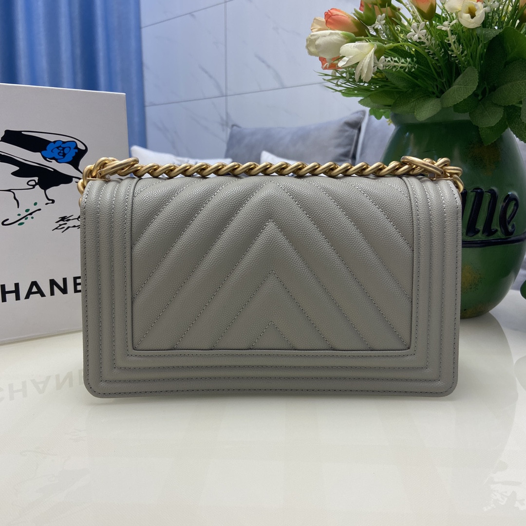 BOY CHANEL HANDBAG Shiny Grained Calfskin & Gold-Tone Metal Gray 5.9 × 9.8 × 3.5 in