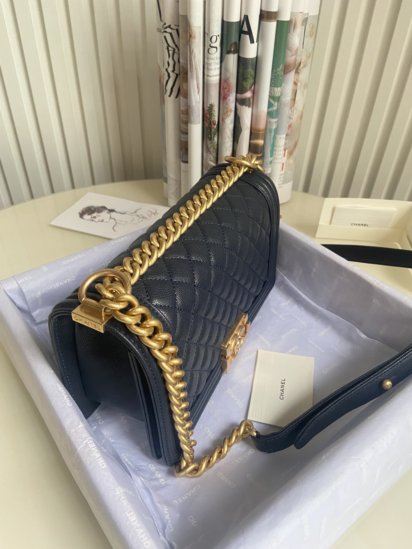 BOY CHANEL HANDBAG Shiny Grained Calfskin & Gold-Tone Metal Navy 5.9 × 9.8 × 3.5 in