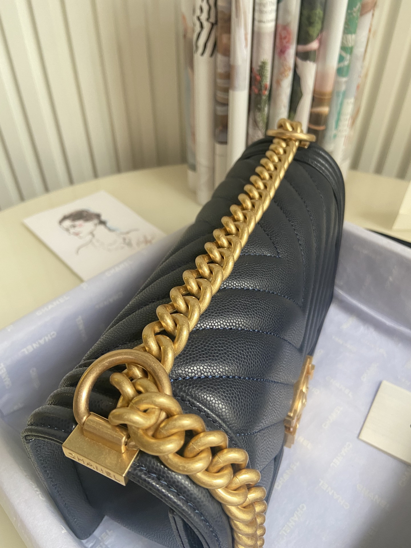 BOY CHANEL HANDBAG Shiny Grained Calfskin & Gold-Tone Metal Navy 5.9 × 9.8 × 3.5 in