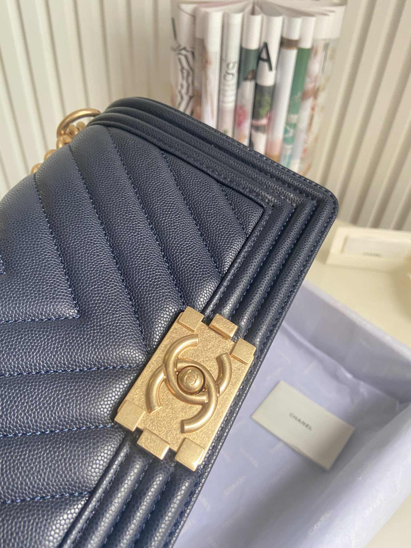 BOY CHANEL HANDBAG Shiny Grained Calfskin & Gold-Tone Metal Navy 5.9 × 9.8 × 3.5 in