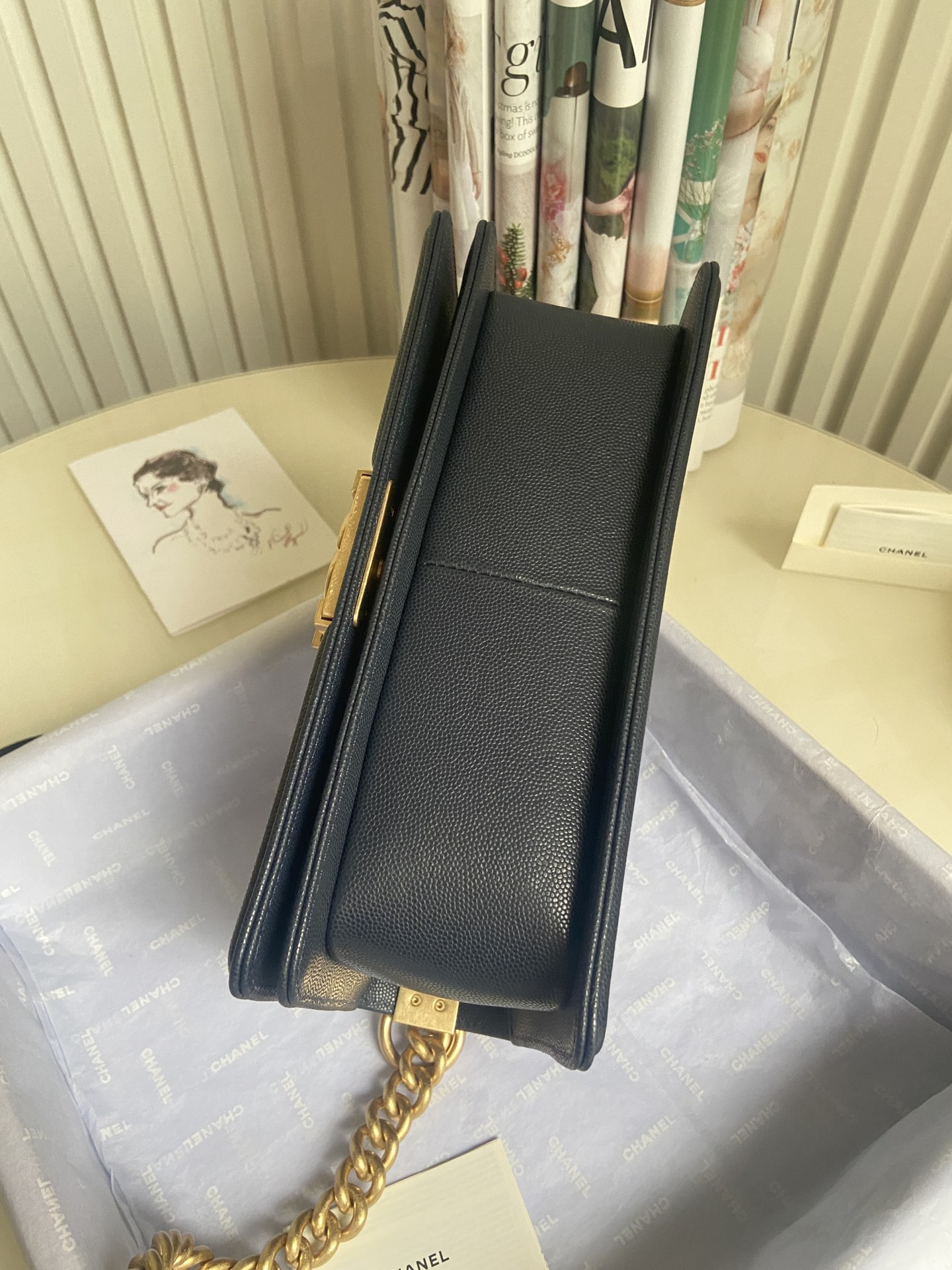 BOY CHANEL HANDBAG Shiny Grained Calfskin & Gold-Tone Metal Navy 5.9 × 9.8 × 3.5 in