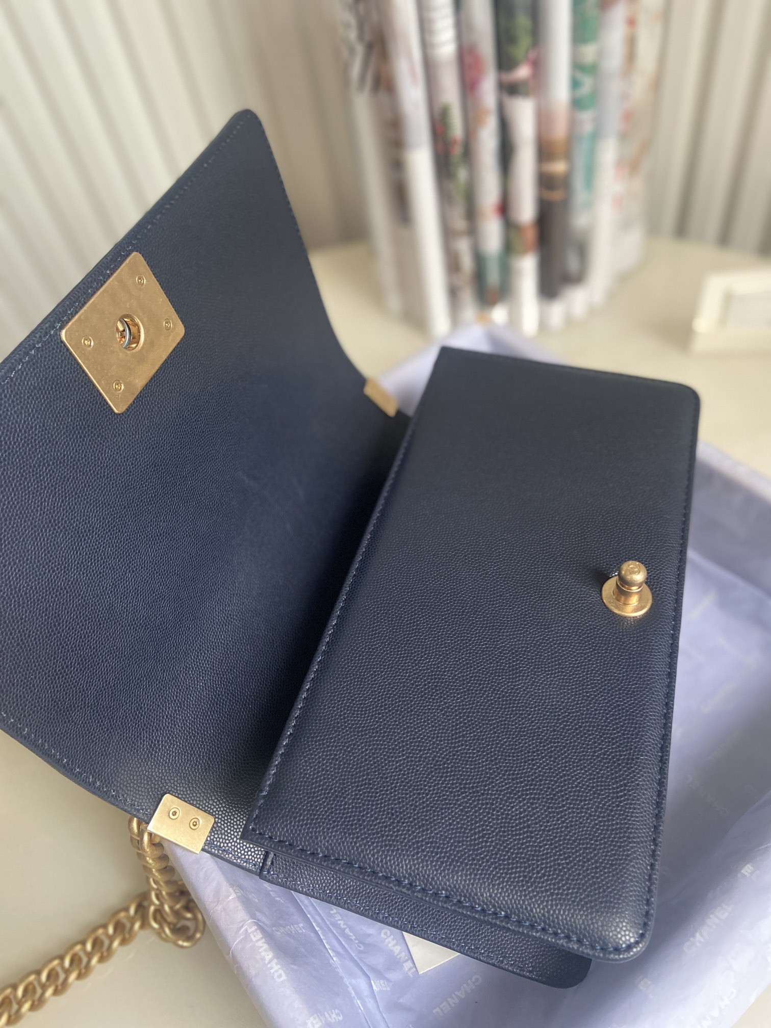 BOY CHANEL HANDBAG Shiny Grained Calfskin & Gold-Tone Metal Navy 5.9 × 9.8 × 3.5 in