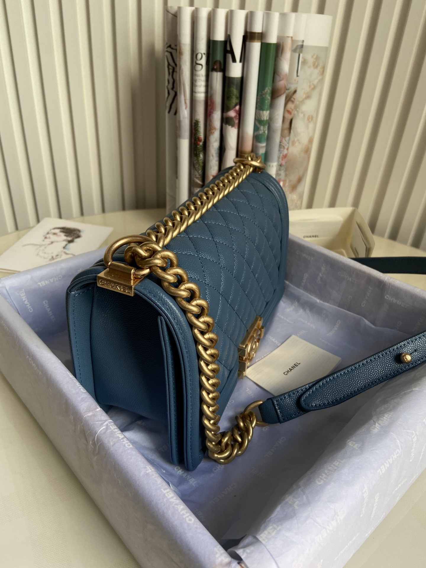 BOY CHANEL HANDBAG Shiny Grained Calfskin & Gold-Tone Metal Blue 5.9 × 9.8 × 3.5 in