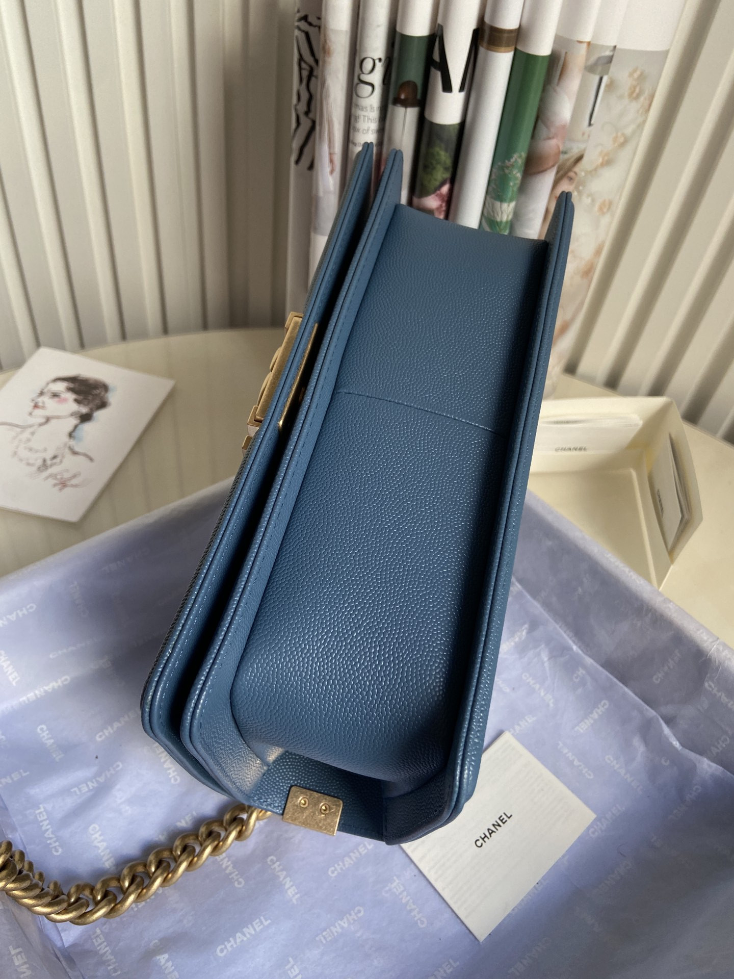 BOY CHANEL HANDBAG Shiny Grained Calfskin & Gold-Tone Metal Blue 5.9 × 9.8 × 3.5 in