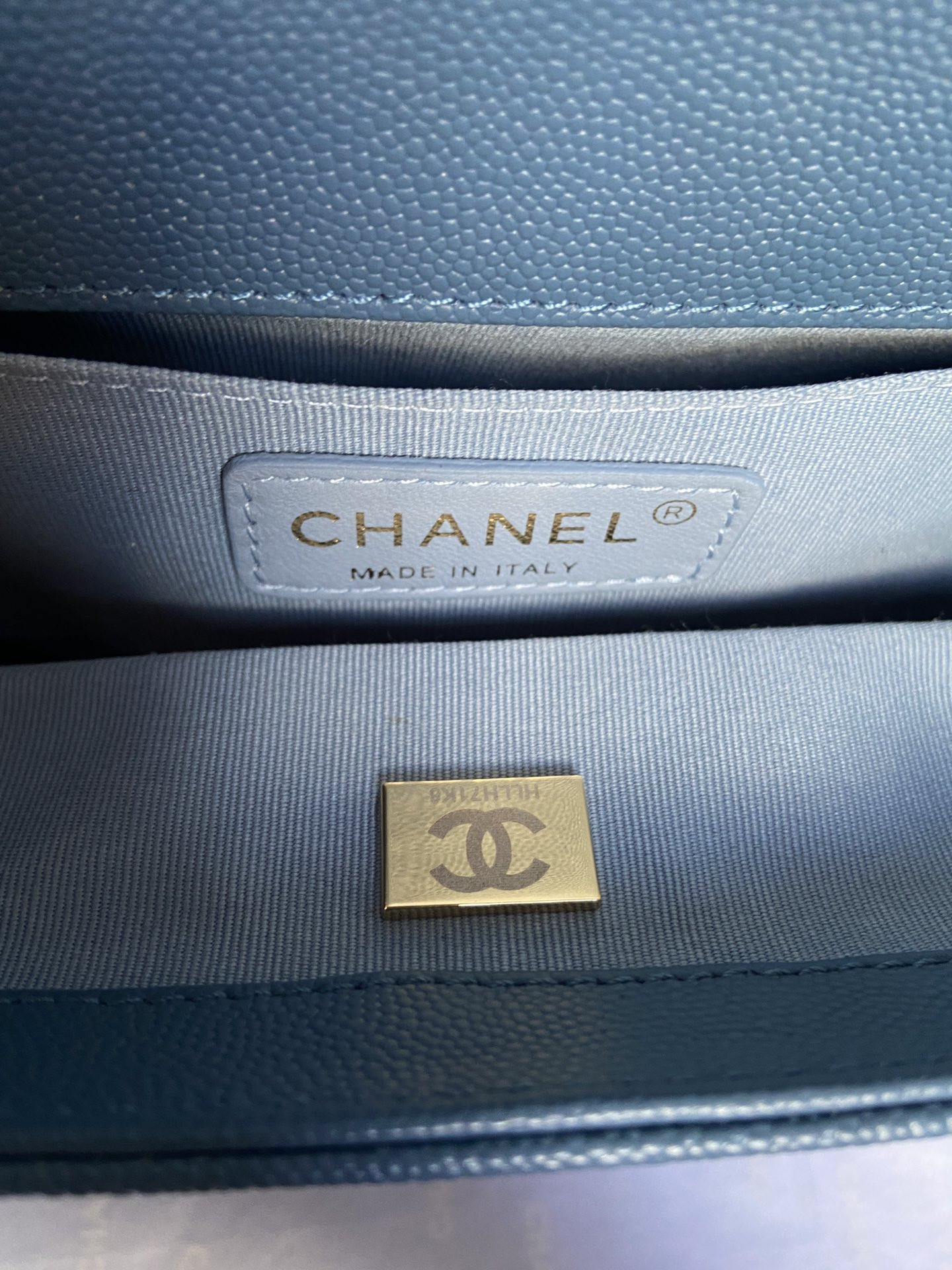 BOY CHANEL HANDBAG Shiny Grained Calfskin & Gold-Tone Metal Blue 5.9 × 9.8 × 3.5 in