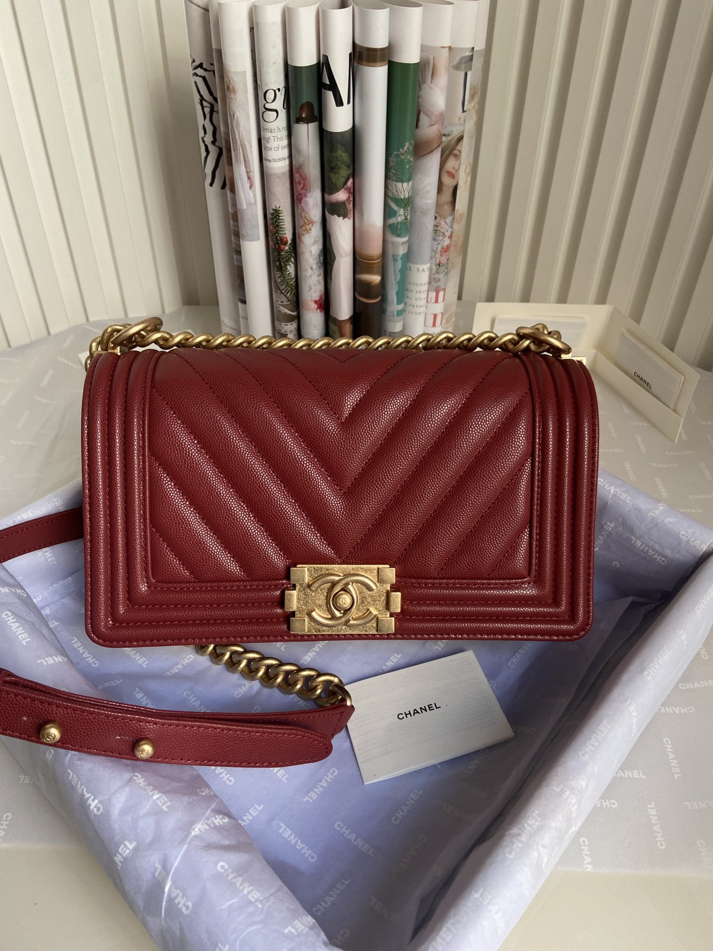 BOY CHANEL HANDBAG Shiny Grained Calfskin & Gold-Tone Metal red 5.9 × 9.8 × 3.5 in