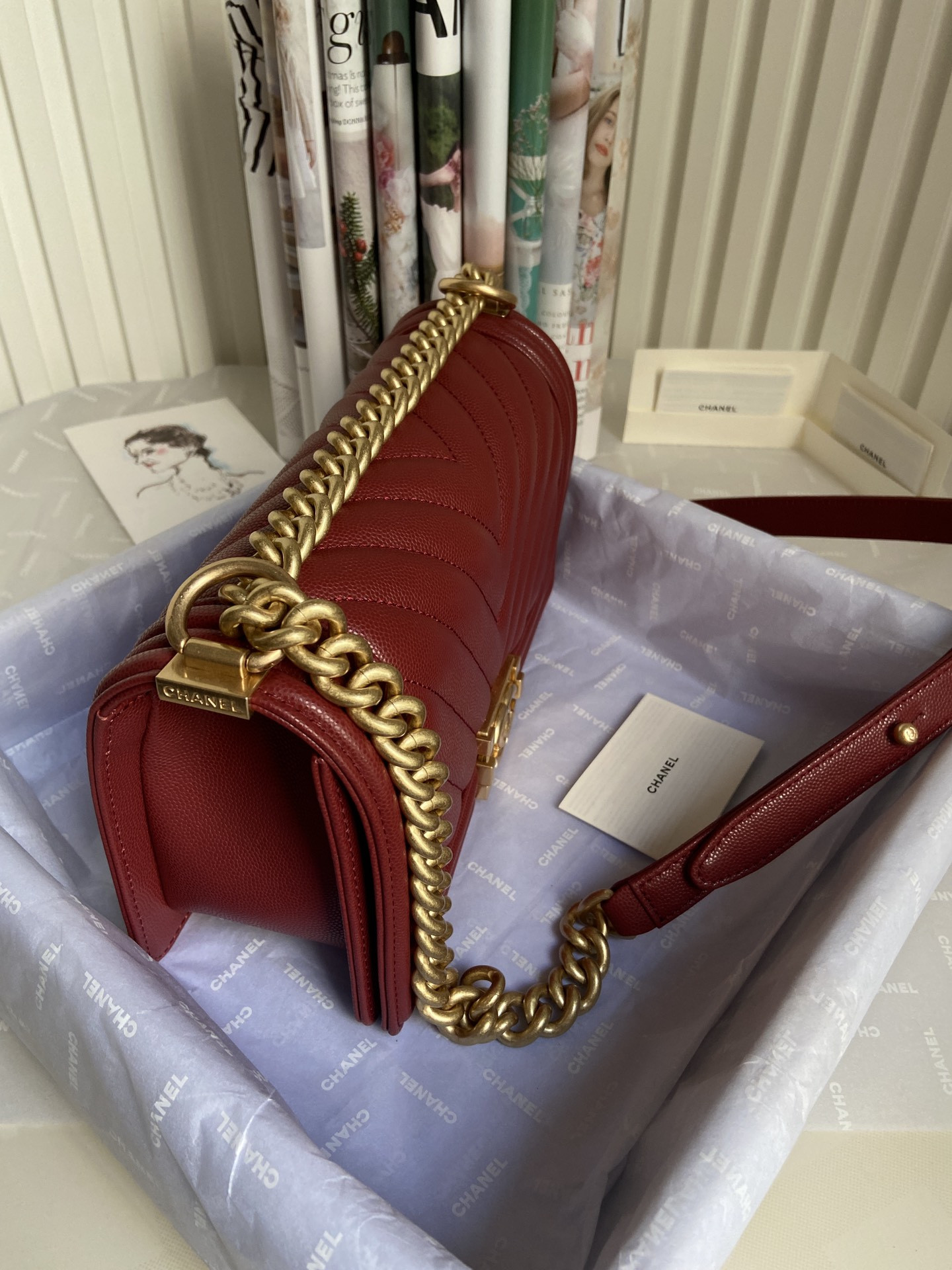 BOY CHANEL HANDBAG Shiny Grained Calfskin & Gold-Tone Metal red 5.9 × 9.8 × 3.5 in