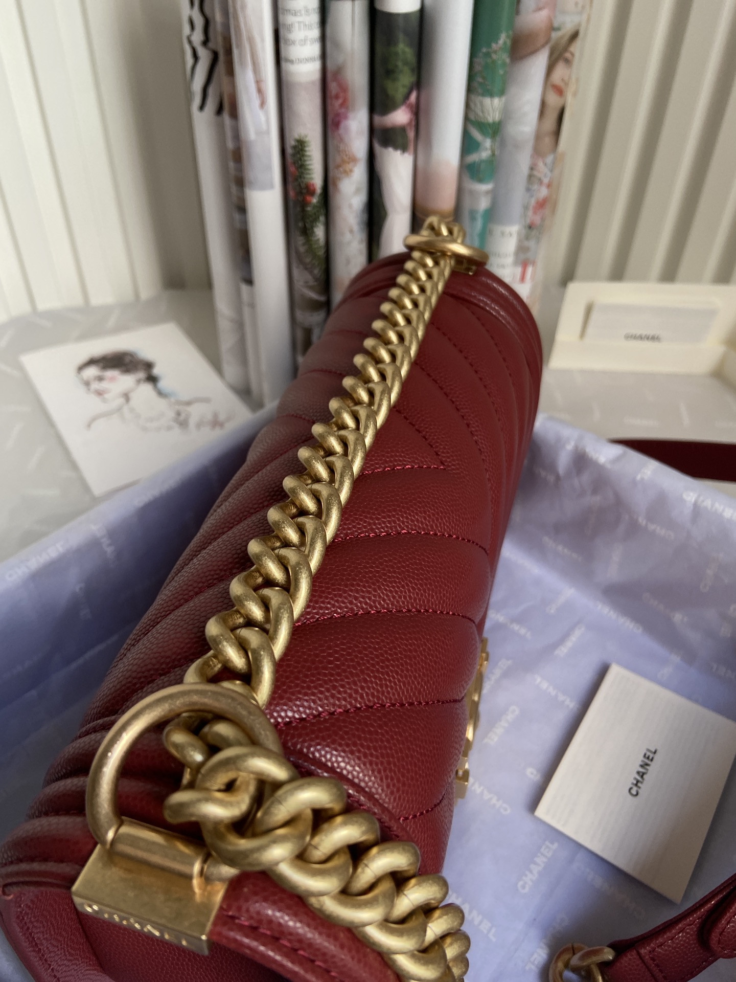 BOY CHANEL HANDBAG Shiny Grained Calfskin & Gold-Tone Metal red 5.9 × 9.8 × 3.5 in