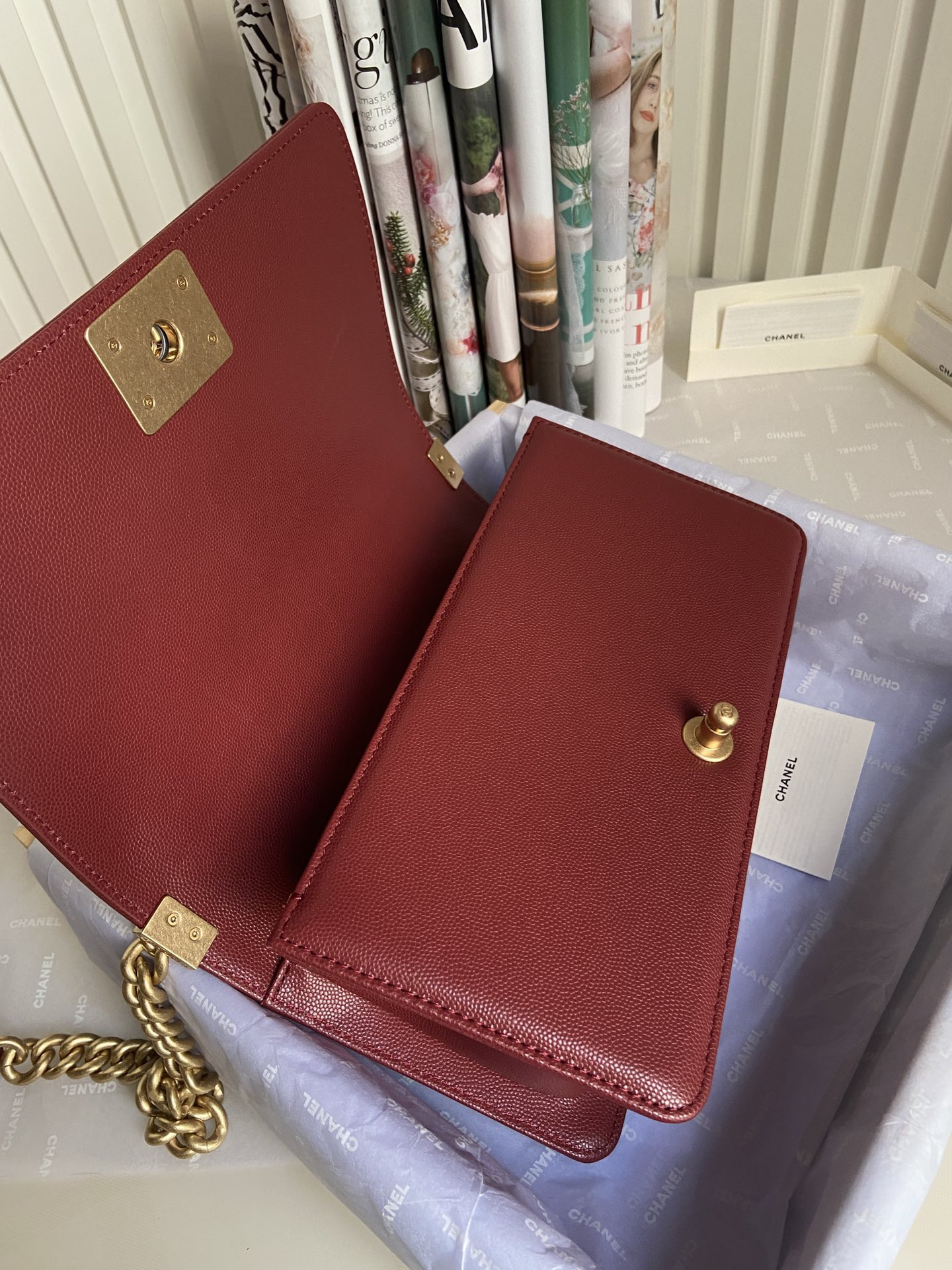 BOY CHANEL HANDBAG Shiny Grained Calfskin & Gold-Tone Metal red 5.9 × 9.8 × 3.5 in